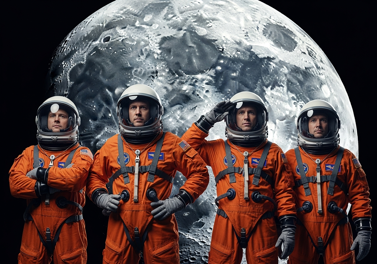 Four astronauts in orange space suits standing in front of a stylized image of the moon, determined expressions on their faces