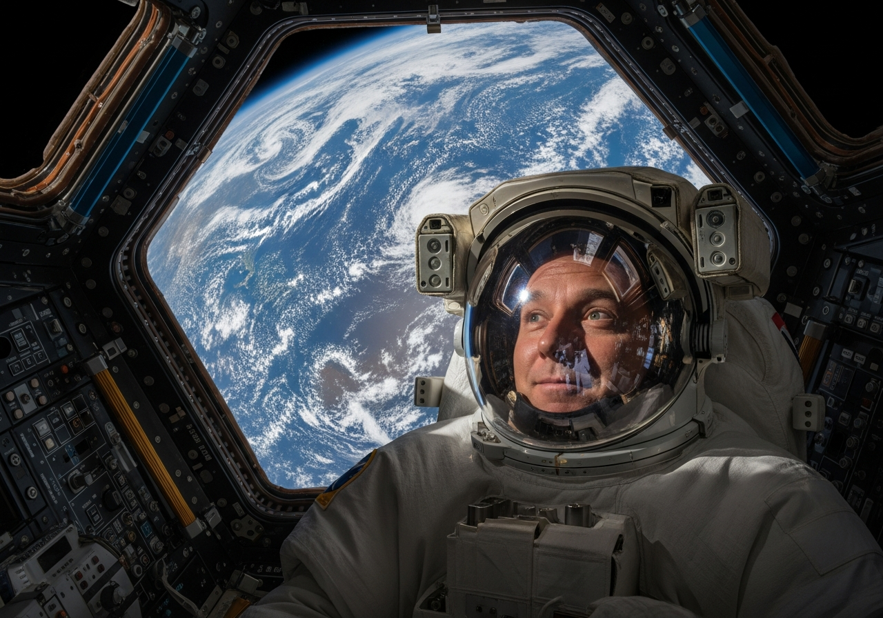 국제 우주 정거장(ISS)에서 지구를 바라보는 우주 비행사의 모습. 지구는 푸른색과 흰색으로 빛나고 있으며, 우주 비행사는 감격스러운 표정으로 지구를 바라보고 있다.