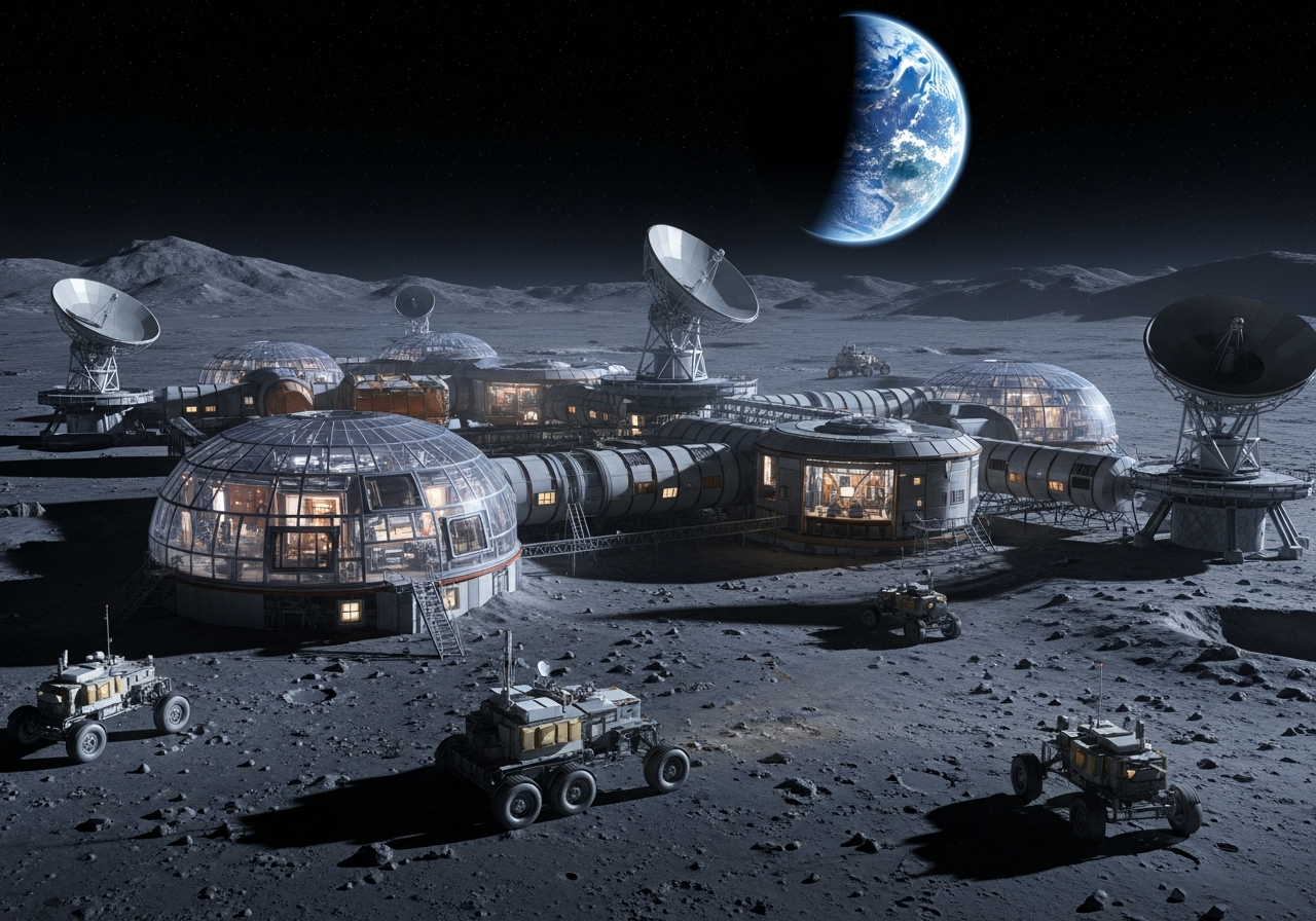 Concept art of a future lunar base on the moon, showing habitats, rovers, and communication dishes, with Earth visible in the background