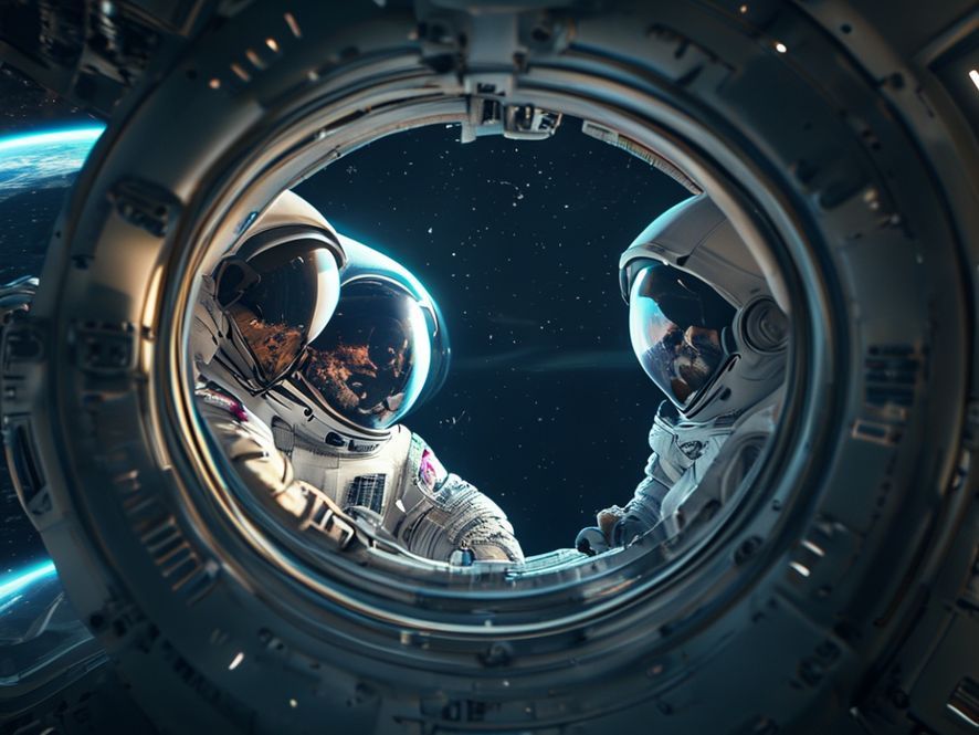 Peekaboo! 6 Four astronauts peering through a circular hatch cover on the ISS, their faces lit by soft light, with Earth visible in the background, realistic rendering