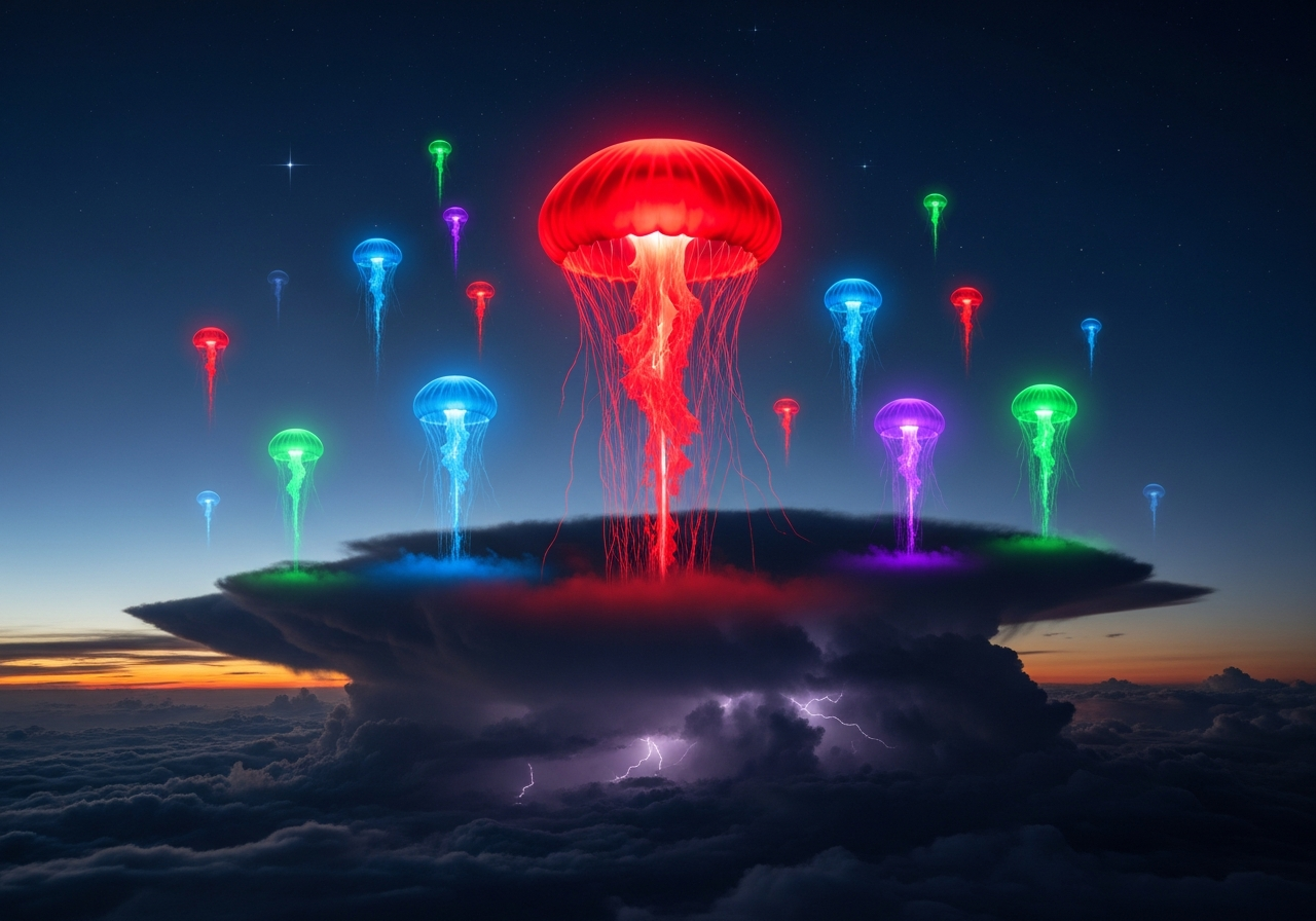 Sprites Over Château de Beynac 9 Artistic rendering of multiple sprites appearing above storm clouds, specifically showcasing