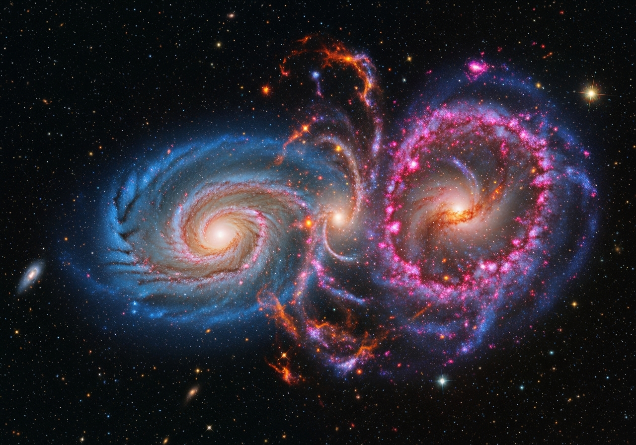 Two galaxies, one spiral and one irregular, interacting with swirling gas and dust between them, vibrant colors, space background