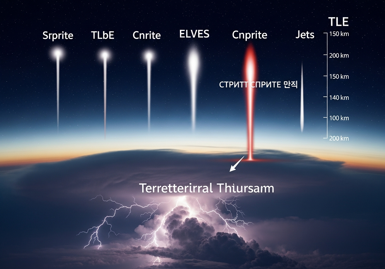 Sprites Over Château de Beynac 7 Diagram showing the different types of transient luminous events (TLEs) like Sprites, ELVES and Jets, with their altitudes and shapes, detailed scientific labels and altitude scales, emphasizing the