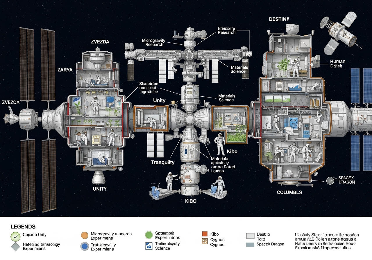 Peekaboo! 9 A cutaway diagram of the ISS, highlighting the different modules and experiments conducted within, scientific illustration style