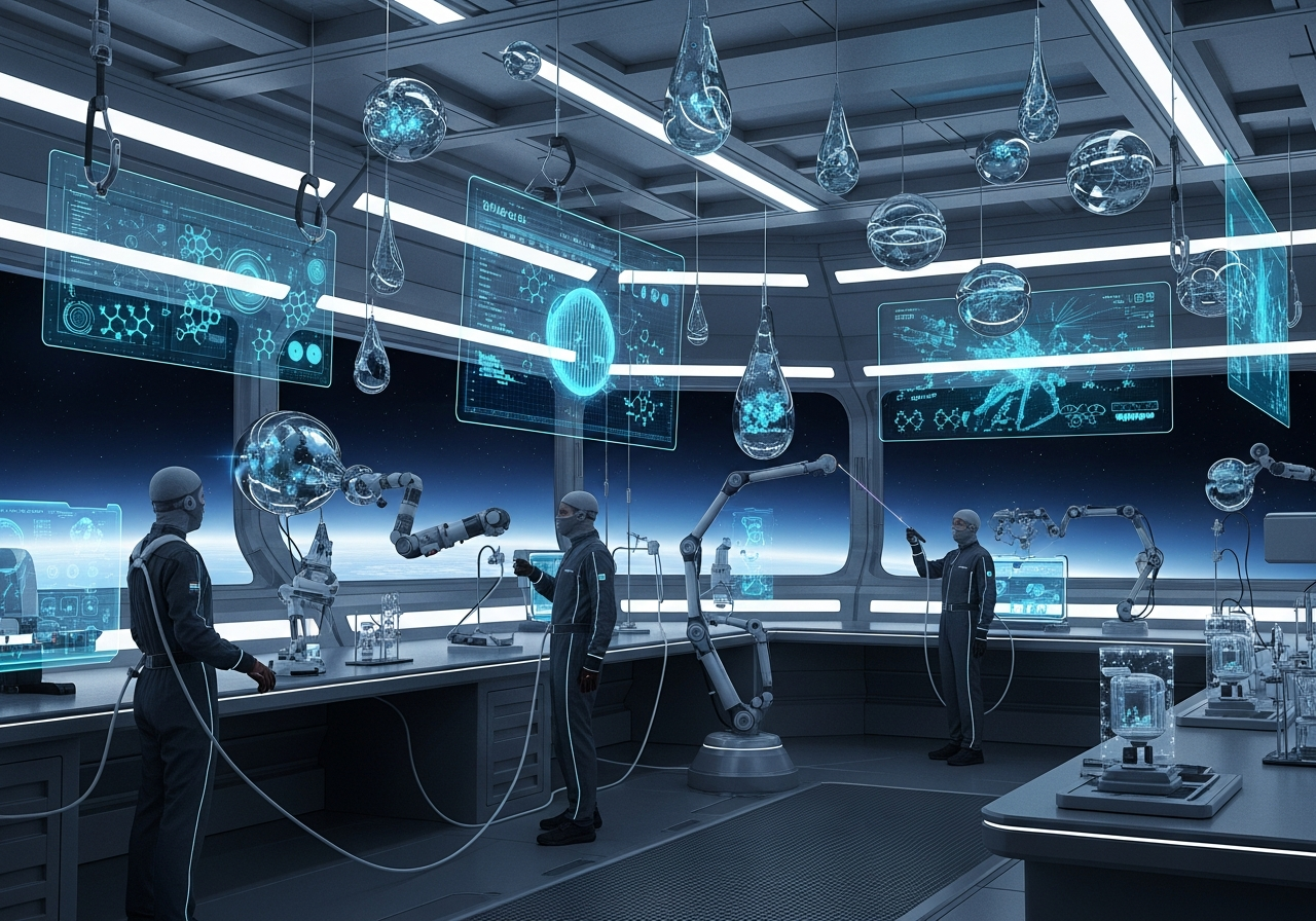 Water Droplet Science 9 Conceptual art of a futuristic laboratory with scientists studying water droplets in a weightless environment, holographic displays, advanced equipment