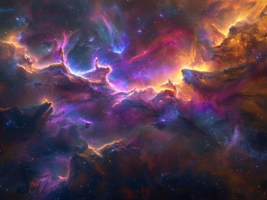 Wide shot of the IC 348 nebula, showcasing its swirling clouds of gas and dust with embedded young stars, vibrant colors, space art