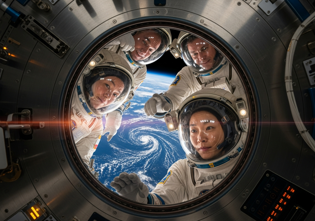 Peekaboo! 7 Four astronauts peering through a circular hatch cover on the ISS, their faces lit by soft light, with Earth visible in the background, realistic rendering