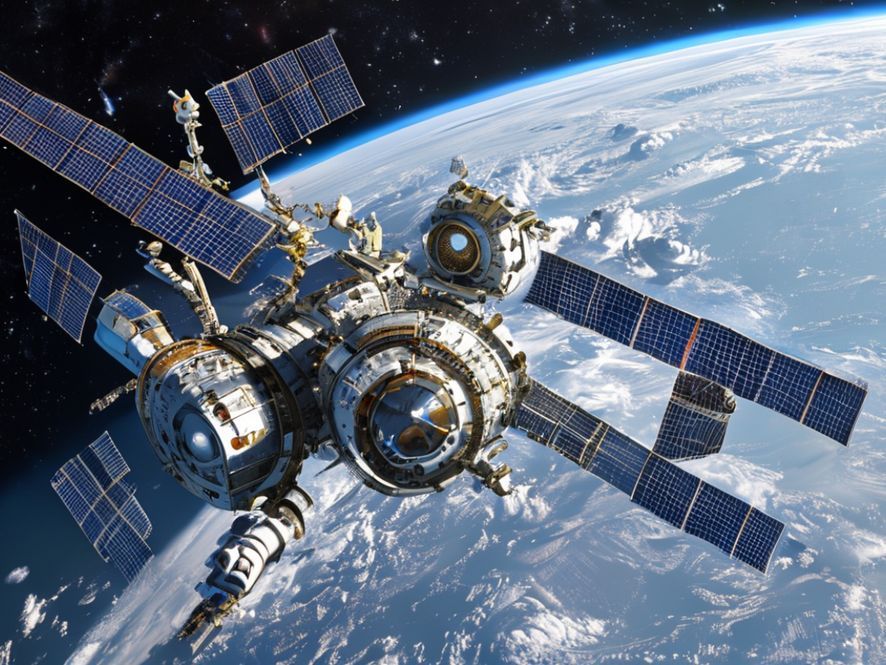 Peekaboo! 6 International Space Station, detailed exterior view, solar panels extended, Earth in the background, photorealistic rendering