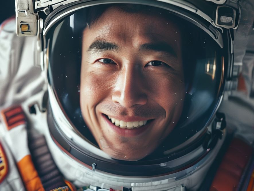 NASA Astronaut Jonny Kim Returns to Earth 9 Close-up portrait of Astronaut Jonny Kim, smiling warmly, wearing his NASA flight suit, soft studio lighting