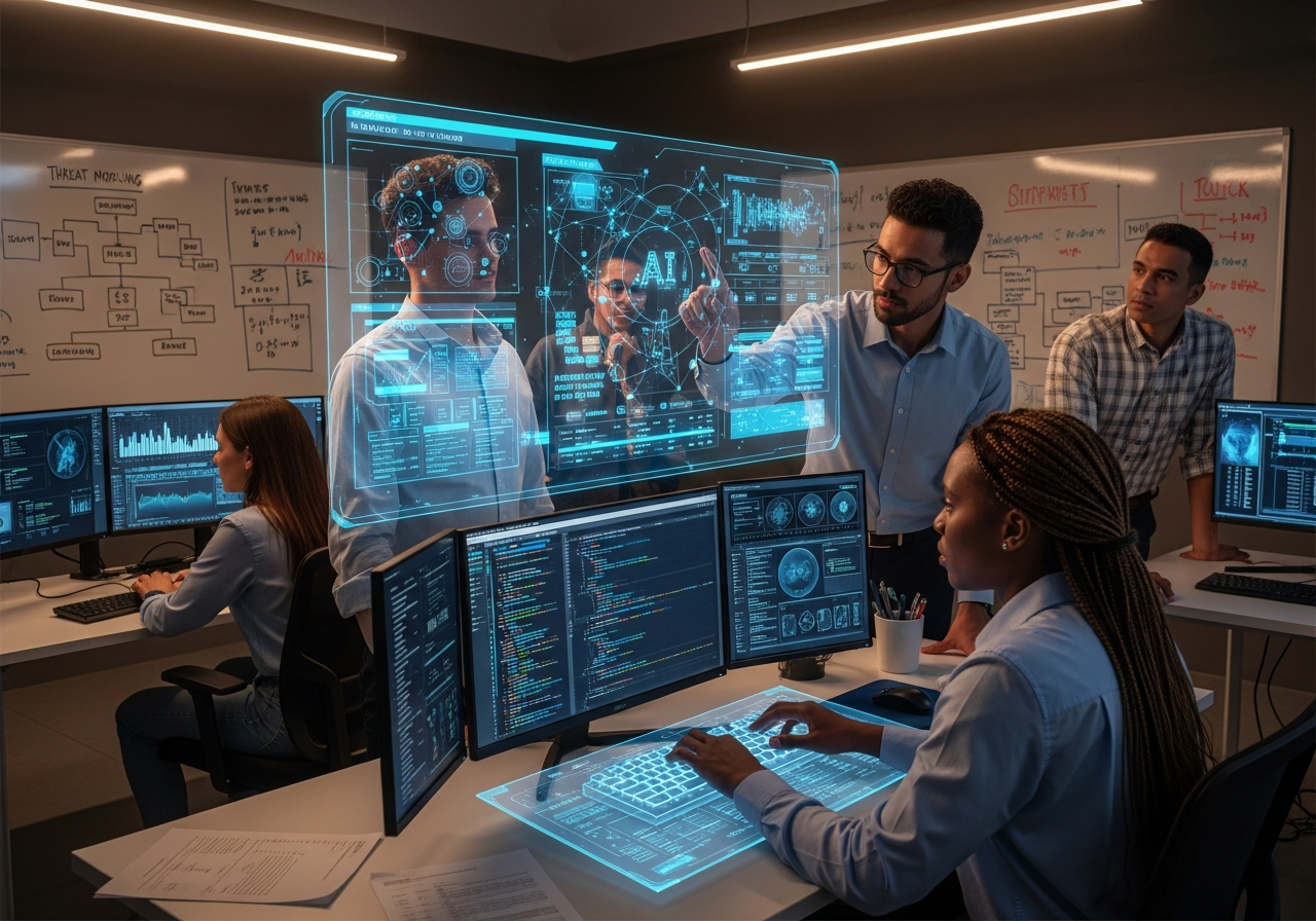 OpenAI is looking for a new Head of Preparedness 6 A diverse team of AI researchers collaborating in a modern lab, focusing on threat modeling and scenario planning for potential AI failures, with holographic displays showing complex algorithms and safety protocols. Keywords: AI safety, threat modelling, risk mitigation