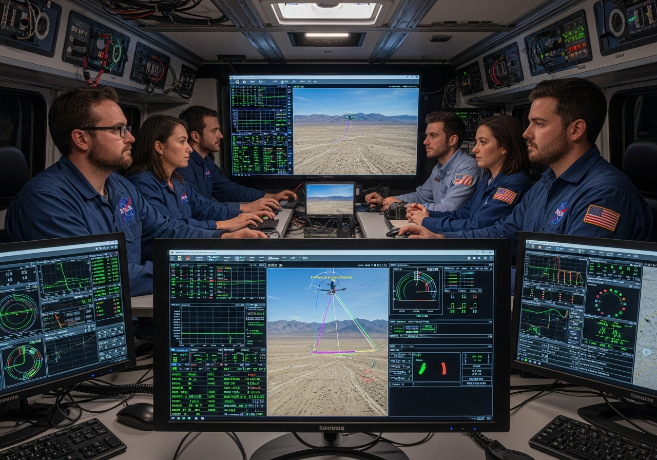 A team of engineers in a mobile command center, monitoring telemetry data from a drone flying in the Mojave Desert, multiple screens displaying graphs and charts, serious and focused expressions, alt text: NASA engineers monitor Martian drone test