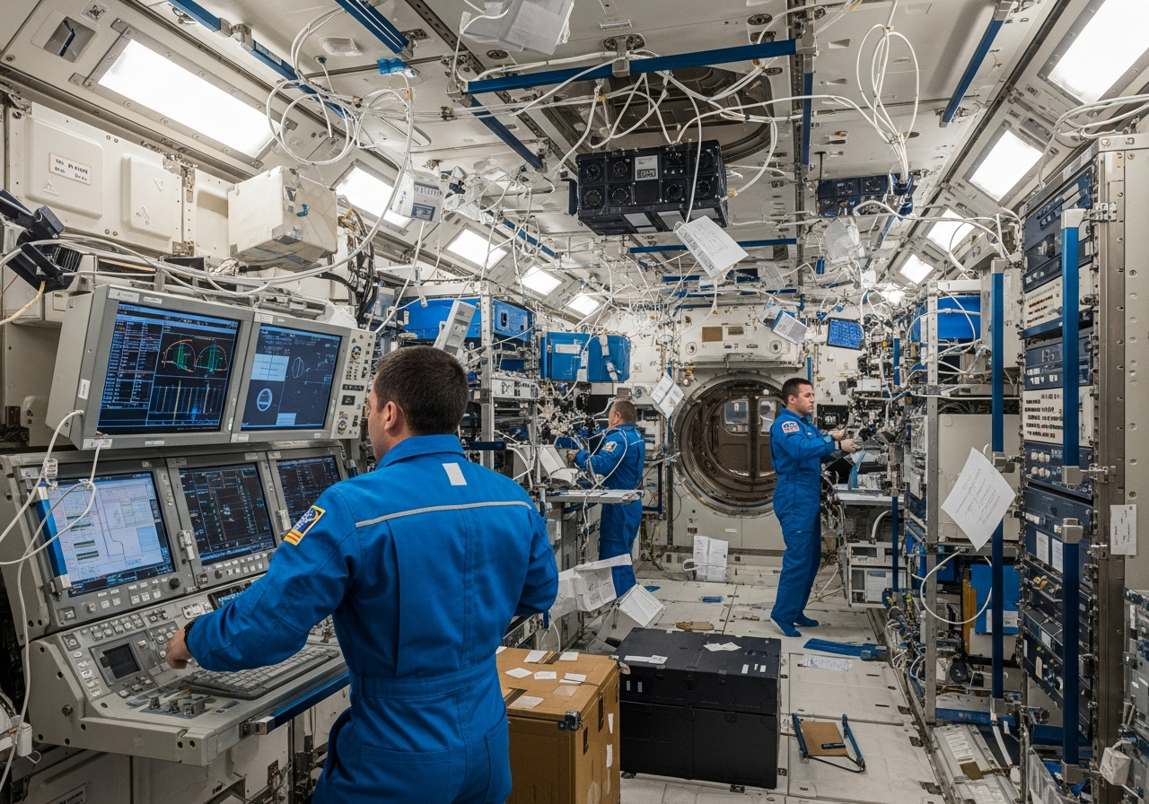 NASA Astronaut Jonny Kim Returns to Earth 7 Detailed interior view of the International Space Station (ISS), showing modules, equipment, and astronauts conducting experiments, realistic rendering