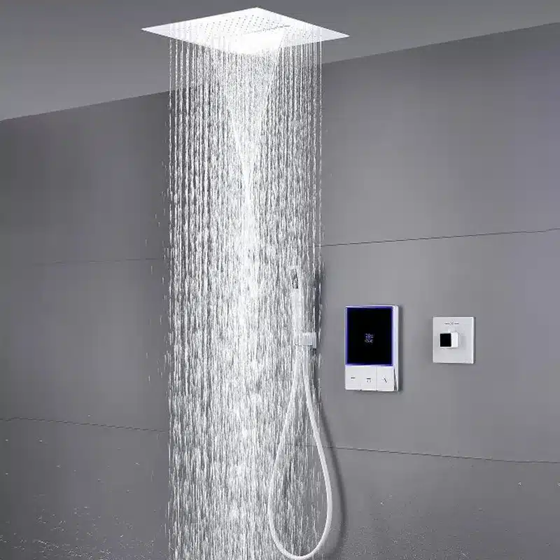 Smart Temperature Display 3 Function Thermostatic White Shower System Set with 16 Inch Large Bathroom Waterfall Rain Shower Head